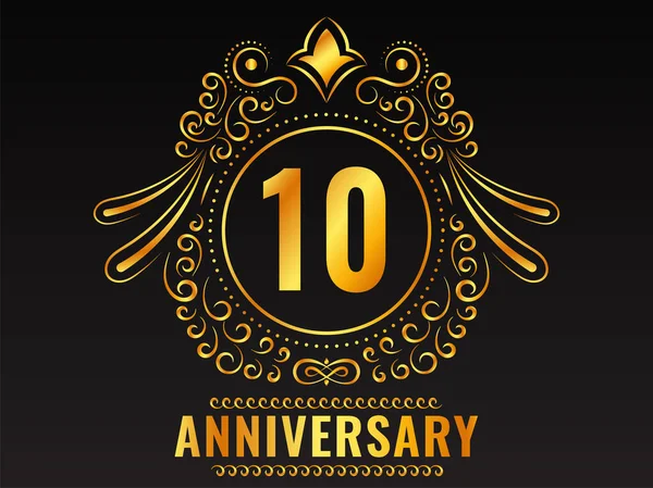 Golden 10Th Anniversary Emblem Badge Label Black Background — Stok Vektör