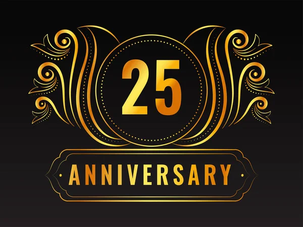 Golden 25Th Anniversary Emblem Label Black Background — ストックベクタ