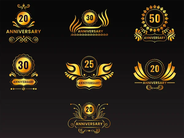 Golden Various Year Anniversary Emblem Logo Black Background — ストックベクタ
