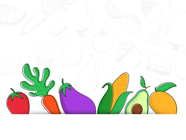 Colorful fruits and vegetables, doodle style concept with text space for world food day.