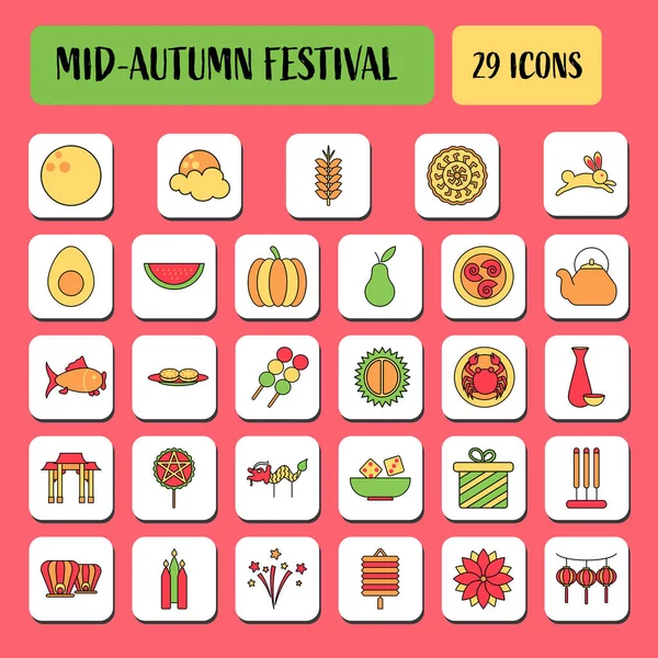Flat Mid Autumn Festival Square Icon Set Pink Background — Vector de stock