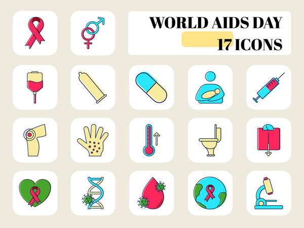 Flat Style World Aids Day Colorful Icon Set.