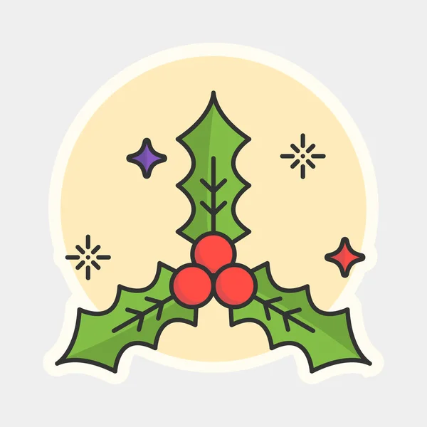 Holly Berry Leaves Sticker Icon Green Red Color White Background — 스톡 벡터
