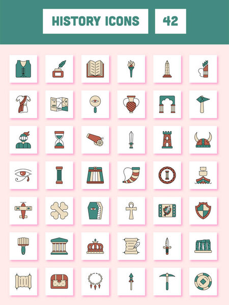 Teal Green And Brown Color Set Of History Icons In Flat Style.
