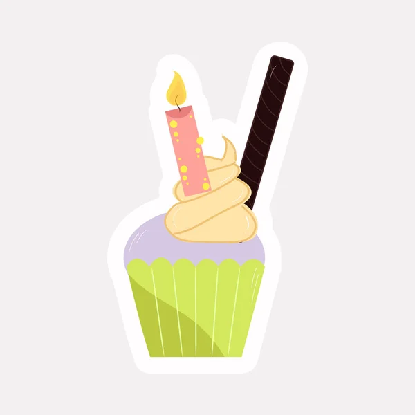 Isolated Burning Candle Cup Cake Sticker Style — Stock Vector