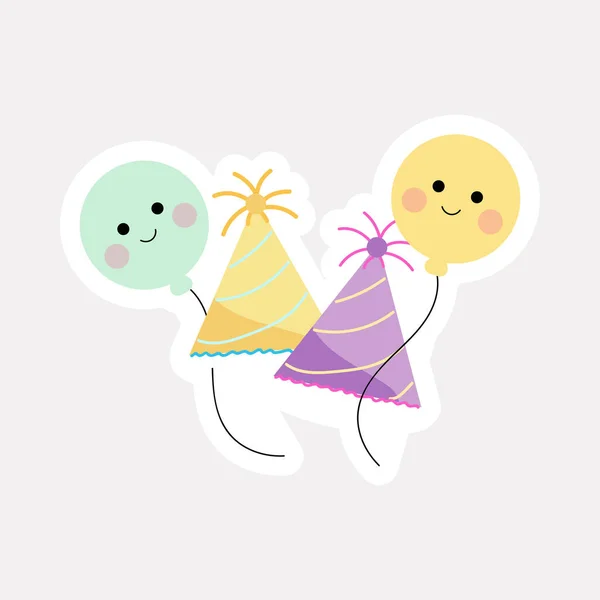 Cute Smiley Balloons Party Hat Colorful Stickers — Vector de stock
