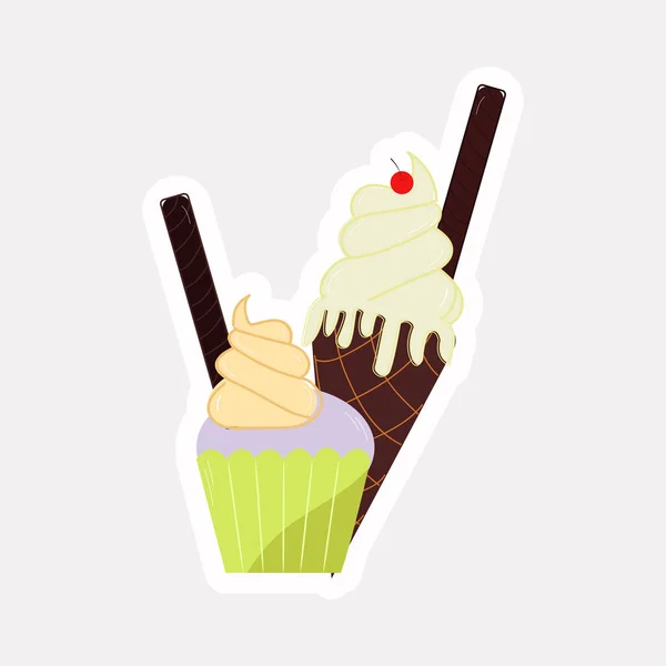Choco Stick Cup Cake Ice Cream Cone Sticker Style — 스톡 벡터