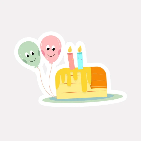 Sticker Style Burning Candle Cake Cute Happy Face Cartoon Balloons — Stock Vector