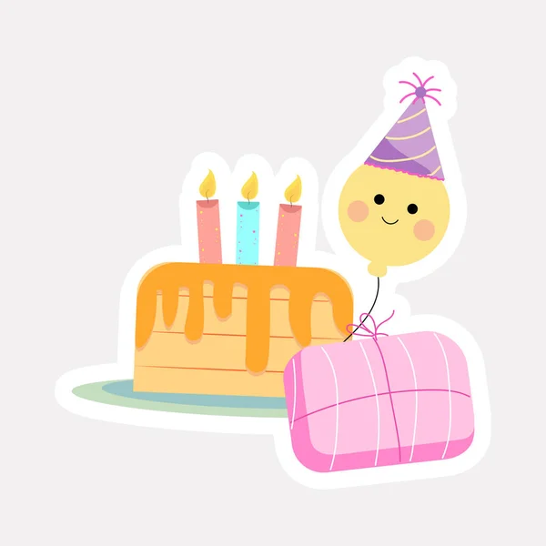 Party Hat Wearing Smiley Cartoon Balloon Birthday Cake Gift Box — Stock Vector