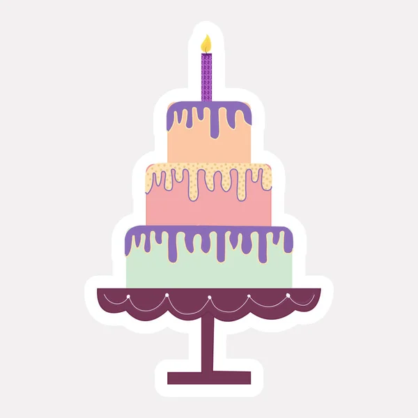 Colorful Three Layer Cake Burning Candle Sticker Style — Archivo Imágenes Vectoriales