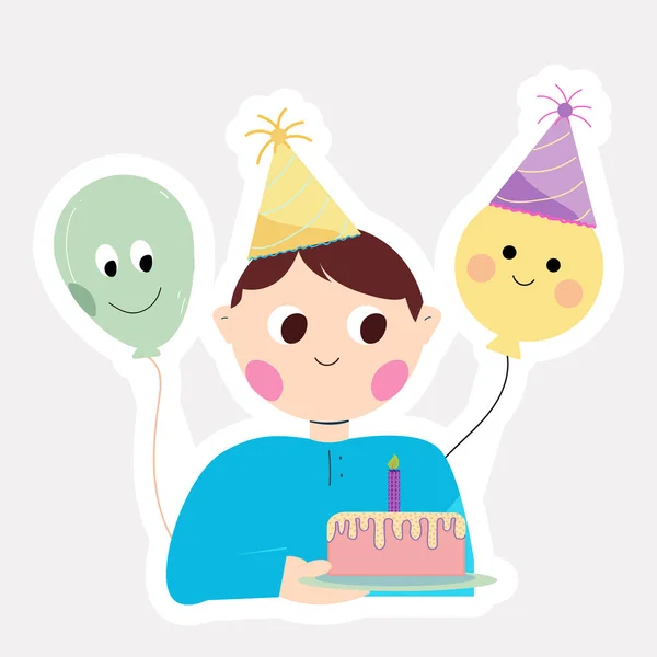 Party Hat Wearing Cute Boy Cartoon Holding Burning Candle Cake — Stock Vector