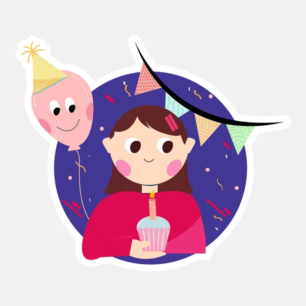 Sticker Cute Young Girl Cartoon Holding Burning Candle Cup Cake — Vettoriale Stock