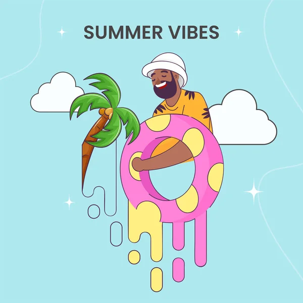 Summer Vibes Concept Cheerful Man Holding Lifebuoy Coconut Tree Clouds — Image vectorielle