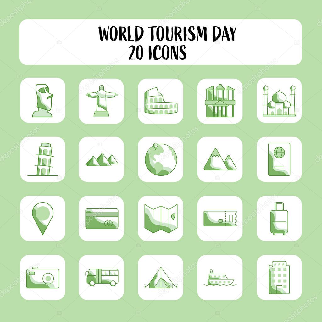 Green And White Color Set Of World Tourism Day Square Icons.