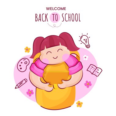 Okul afişine, çantalı mutlu okul kızına davetiye, poster, afiş, promosyon satışı vesaire için eğitici unsurlara. Okul malzemeleri çizgi film illüstrasyonu. 