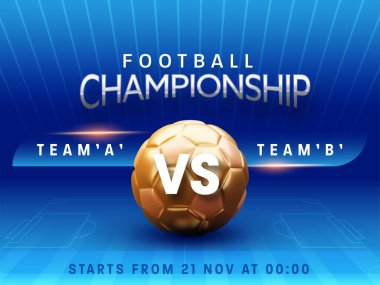 Football Competition Flyer or Poster Template with Golden Realistic Football and Match Day Details. Blue Background.
