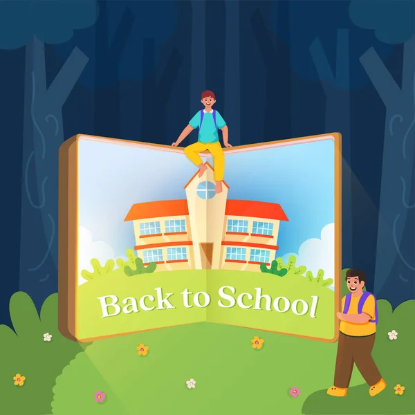 Zpět Školy Banner Happy School Boys Story Book Invitation Poster — Stockový vektor