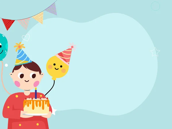 Birthday Concept Cute Boy Character Cake Stars Smiley Balloons — Image vectorielle