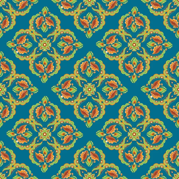 Traditional Colorful Floral Artwork Teal Color Background Seamless Pattern — ストックベクタ