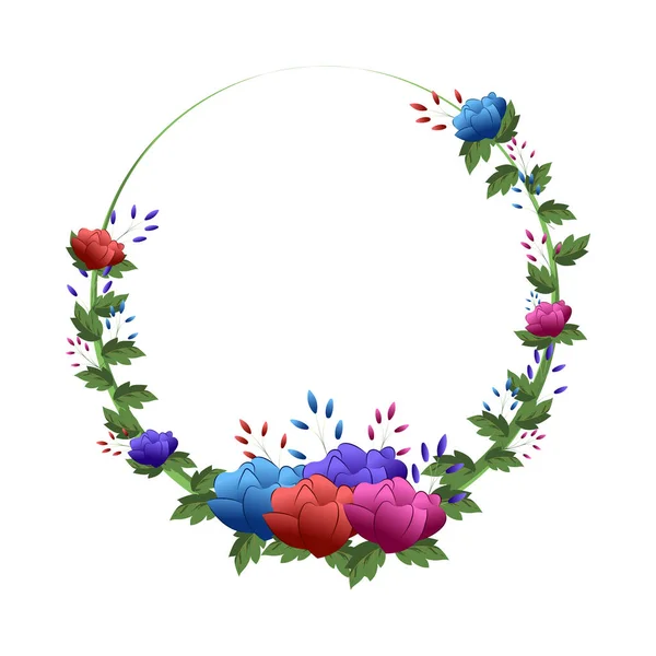 Shiny Colorful Flowers Petals Green Leave Floral Frame Design Inviitations — стоковый вектор