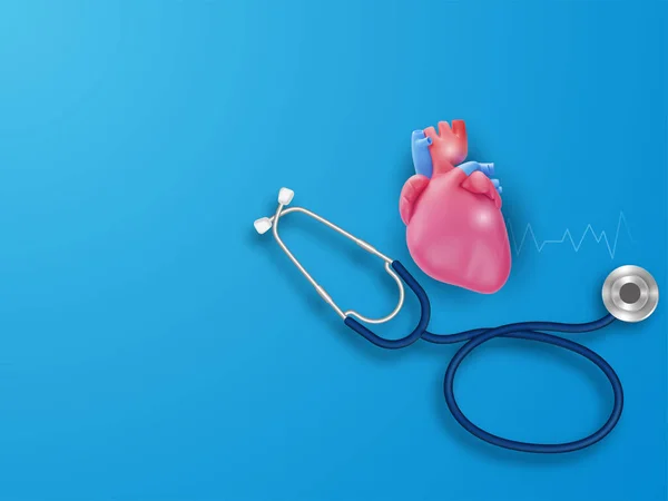 Render Human Organ Heart Stethoscope Copy Space Blue Background — Vetor de Stock