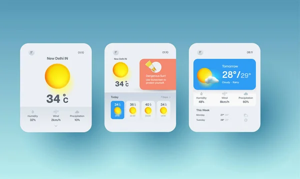 Weather App Screens Smart Watches Flat Design Illustrations — Vettoriale Stock
