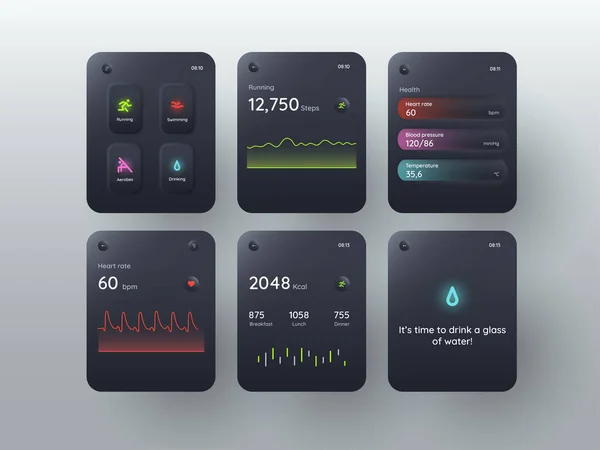 Fitness App Screens Smart Watches Multiple Tracking Options Medical Technology — Archivo Imágenes Vectoriales