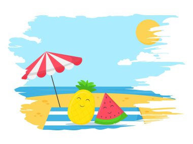 Summertime, travelling concept, beach background, shiny sun and happy pineapple and watermelon under an umbrella. Flat style illustration for summer holidays.