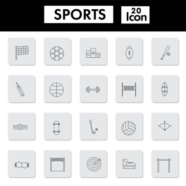Black Thin Linear Of Sports Equipment Square Icon Set.