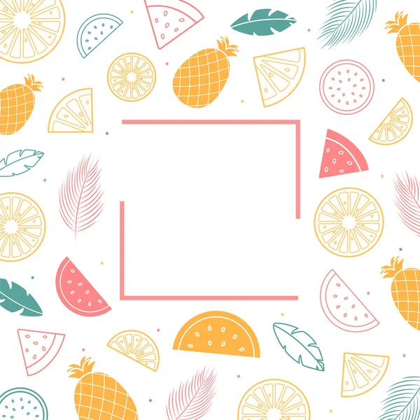 Summer Time Concept Lemons Watermelons Pineapples Fir Leaves Line Art — Vector de stock