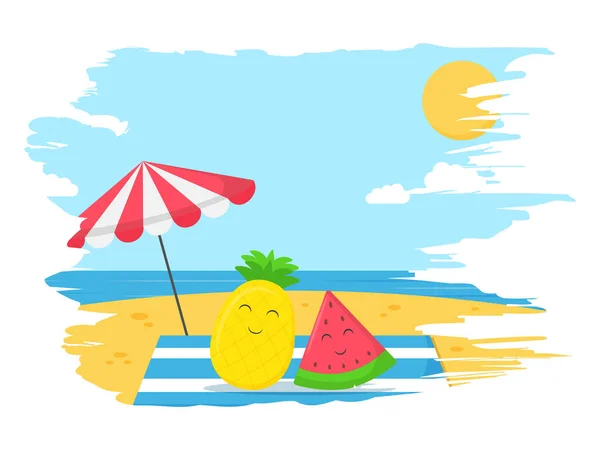 Summertime Travelling Concept Beach Background Shiny Sun Happy Pineapple Watermelon — 스톡 벡터