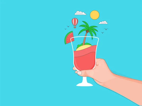 Cheers Summer Drink Concept Beach Background Shiny Sun Palm Tree — стоковый вектор