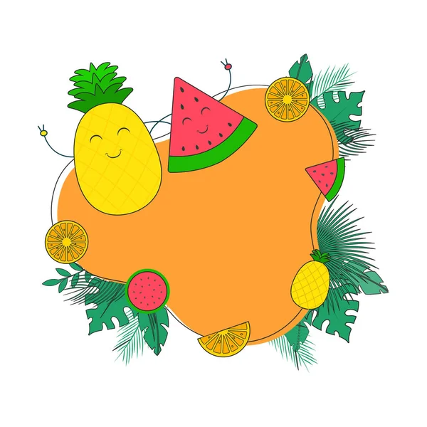 Summer Time Concept Happy Pineapple Watermelon Green Leaves Space Your — 图库矢量图片