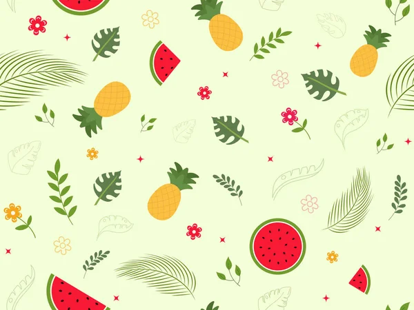 Summer Time Background Pineapple Watermelon Slices Green Tropical Leaves — Vector de stock
