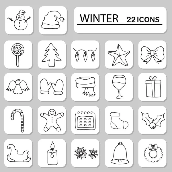 Set Black Linear Winter Season Icons Grey Square Background —  Vetores de Stock