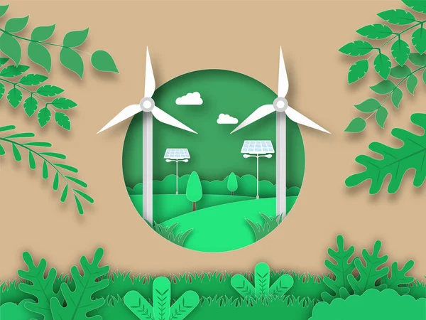 Paper Cut Brown Green Background Windmills Solar Panels Trees Clouds — Διανυσματικό Αρχείο