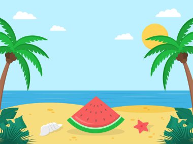 Summertime, travelling concept, beach background, shiny sun, palm trees and watermelon. Flat style illustration for summer holidays.