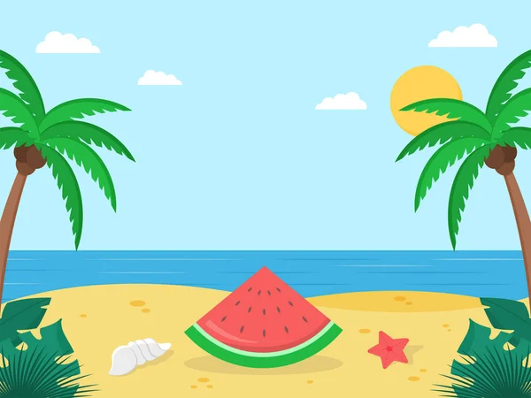 Summertime Travelling Concept Beach Background Shiny Sun Palm Trees Watermelon — Stockvector