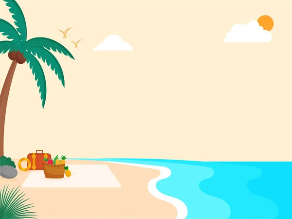 Літній Час Концепція Подорожей Пляжний Фон Сяюче Сонце Пальми Фруктовий — стоковий вектор