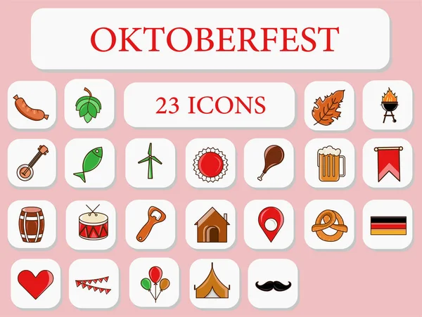 Flat Style Oktoberfest Celebration Icon Set Square Pink Background — Archivo Imágenes Vectoriales