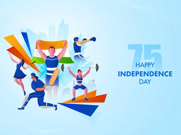 75Th Happy Independence Day Concept Faceless Sportsperson Character India Flag — Stockvector