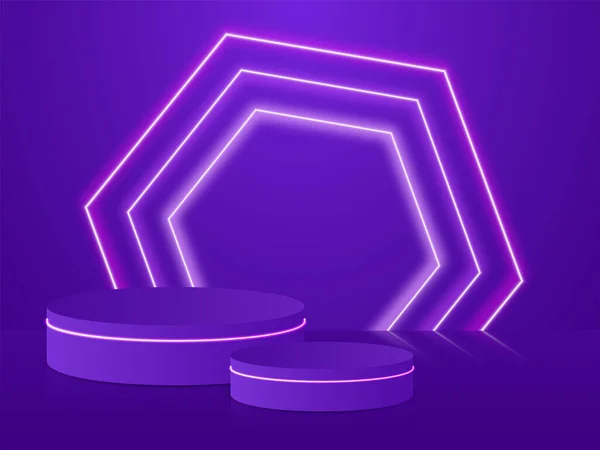 Neon Light Geometric Hexagon Frame Layer Background Podium Stage Purple — Stock Vector