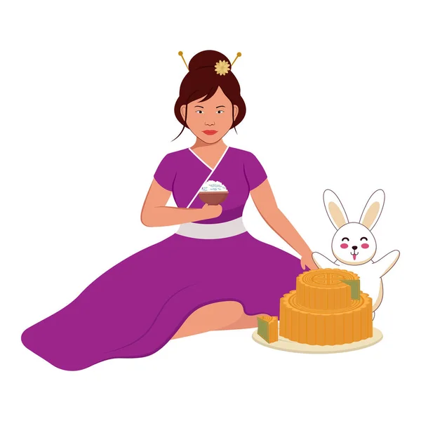 Chinese Young Woman Sitting Funny Rabbit Mooncake Illustration White Background — Stockový vektor
