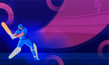 Cricket Championship Concept with Character Illustration of a Batter in Blue Jersey, Stadium Background and Space for your text.
