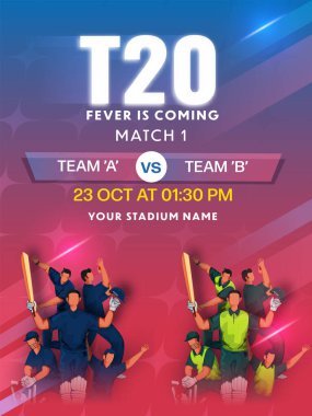 T20 Cricket Championship Poster or Flyer Design with Character Illustration of Rival Teams, Batters, Bowlers and Wicket Keepers in Their Jersey with Text Space for Match Details. 