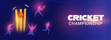 Cricket Championship Banner or Header Design with Golden Stumps and Red Ball and Various Character Illustrations of Batter and Bowlers on Blue Background.