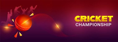 Golden Cricket Championship Text,  Banner or Header Design With 3D Red Ball, and Shiny Silhouette of Batters and Bowlers on Wave Background. 