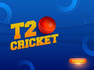 T20 Cricket Text With Realistic Red Ball On Blue Stadium View Background with Space for your Message.