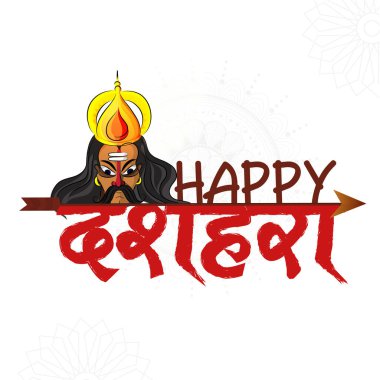 Happy Dussehra Font With Demon King Ravana On White Background.