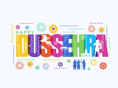 Indian festival Dussehra Text with God Rama, Hanuman, Laxman, Goddess Sita, Demon Ravana, and Colorful Flowers on White Background. 